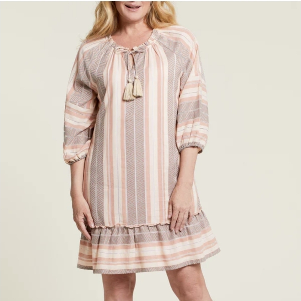 Tribal‎ Striped Cotton Dress Ruffle Neutral Size S New